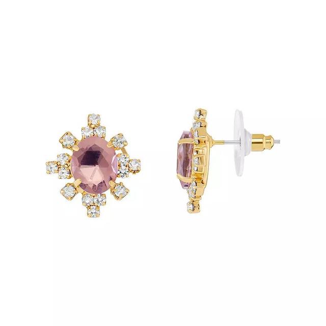 Emberly Glass Stone Frame Stud Earrings, Womens, Yellow Gold Tone Pink Product Image