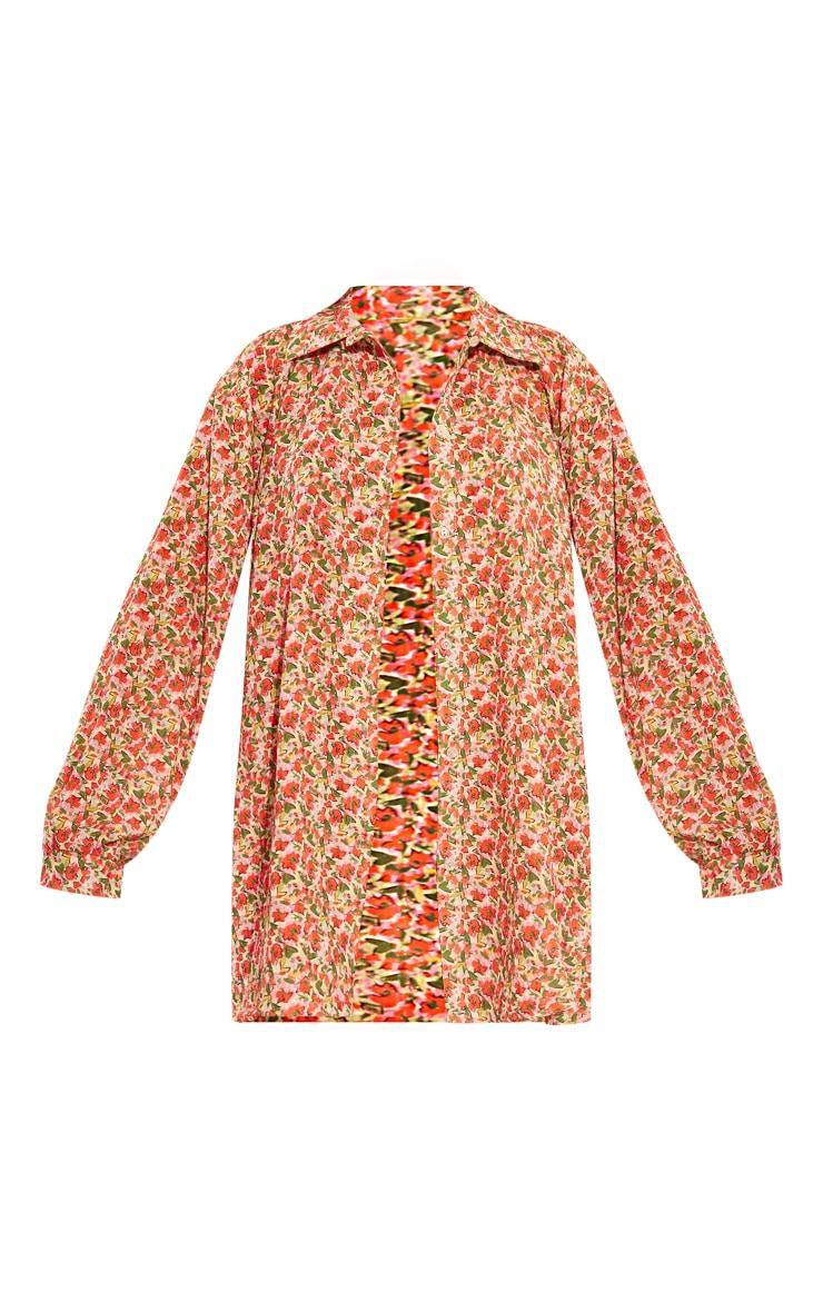 Red Floral Print Crinkle Oversized Beach Shirt Product Image