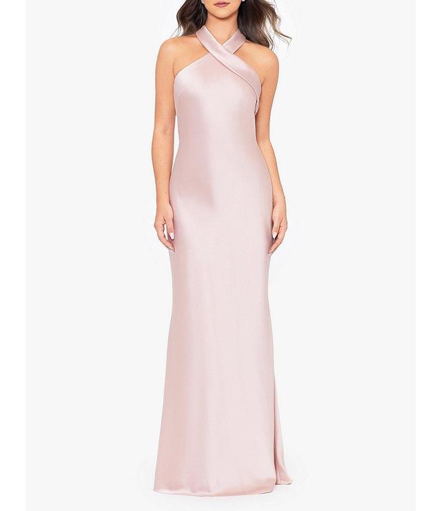 Xscape Satin Cross Front Halter Neck Sleeveless Tie Back Gown Product Image