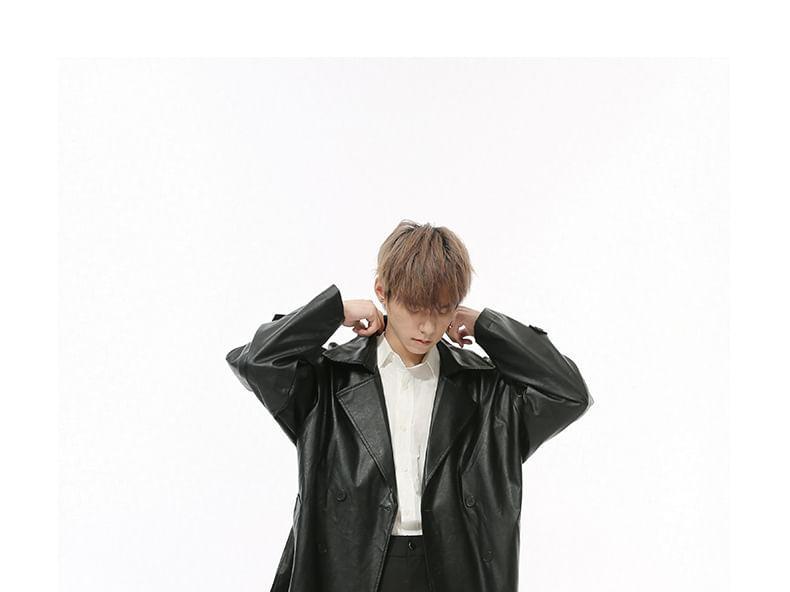 Lapel Collar Plain Faux Leather Double-Breasted Coat Product Image