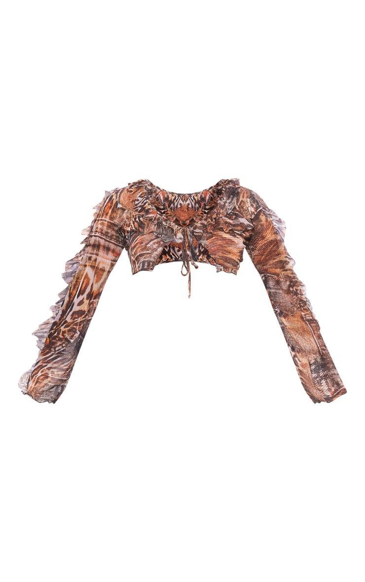 Brown Animal Printed Mesh Tiered Tie Front Top Product Image