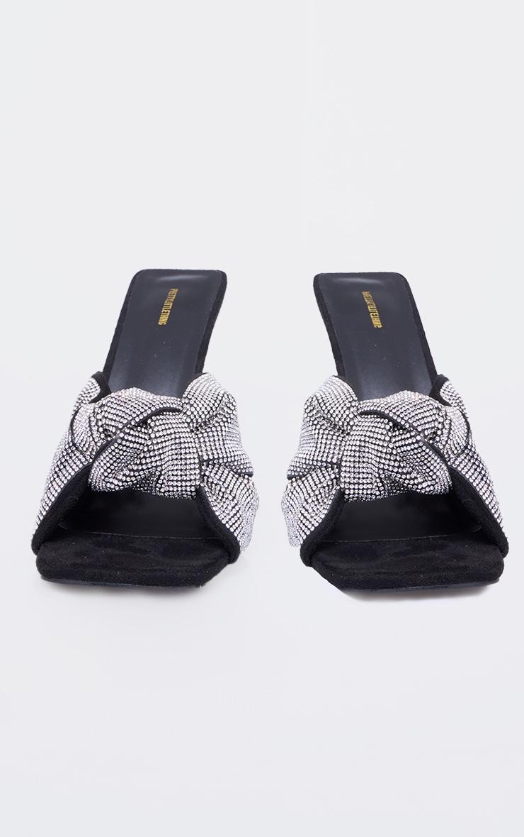 Black PU Square Toe Diamante Knot Strap Heeled Mules Product Image