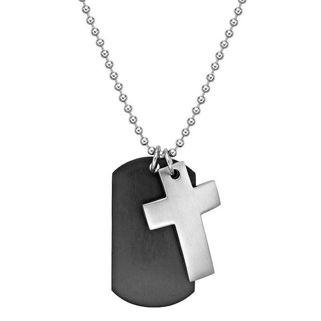 Mens LYNX Two Tone Stainless Steel Cross & Dog Tag Pendant Necklace Product Image