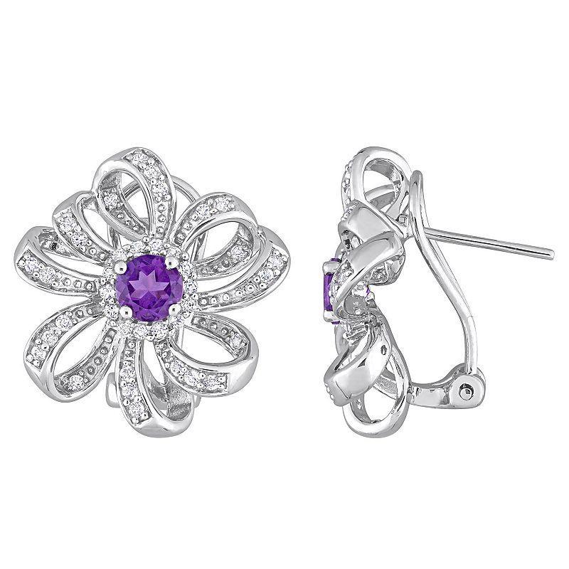 Stella Grace Sterling Silver African Amethyst & White Topaz Floral Omega Clip Earrings, Womens Product Image