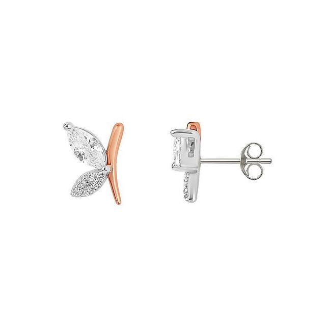 PRIMROSE Two Tone Sterling Silver Cubic Zirconia Butterfly Stud Earrings, Womens, Two Tone Gold Clear Product Image