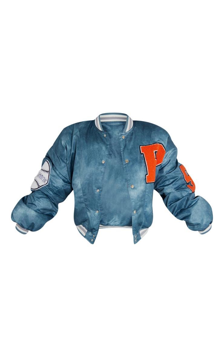 PRETTYLITTLETHING Blue Graphic Back Brushed Look Satin Bomber Jacket Product Image