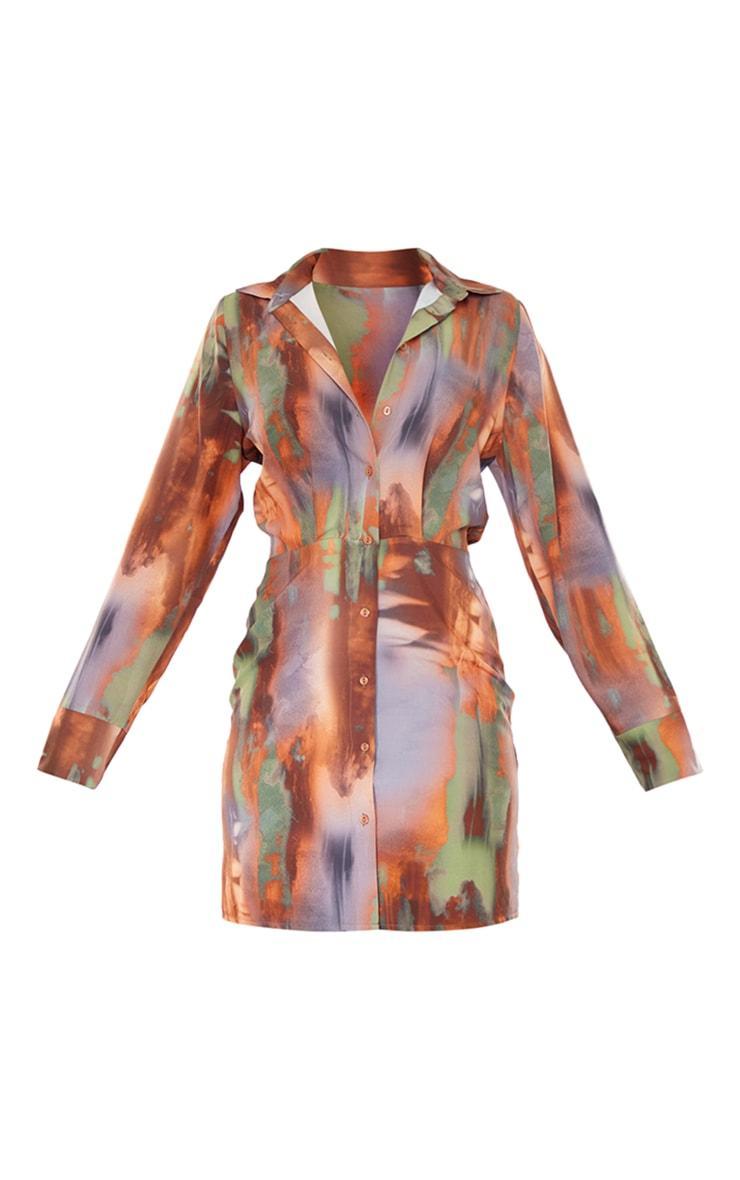 Brown Abstract Printed Long Sleeve Shirt Dress Product Image