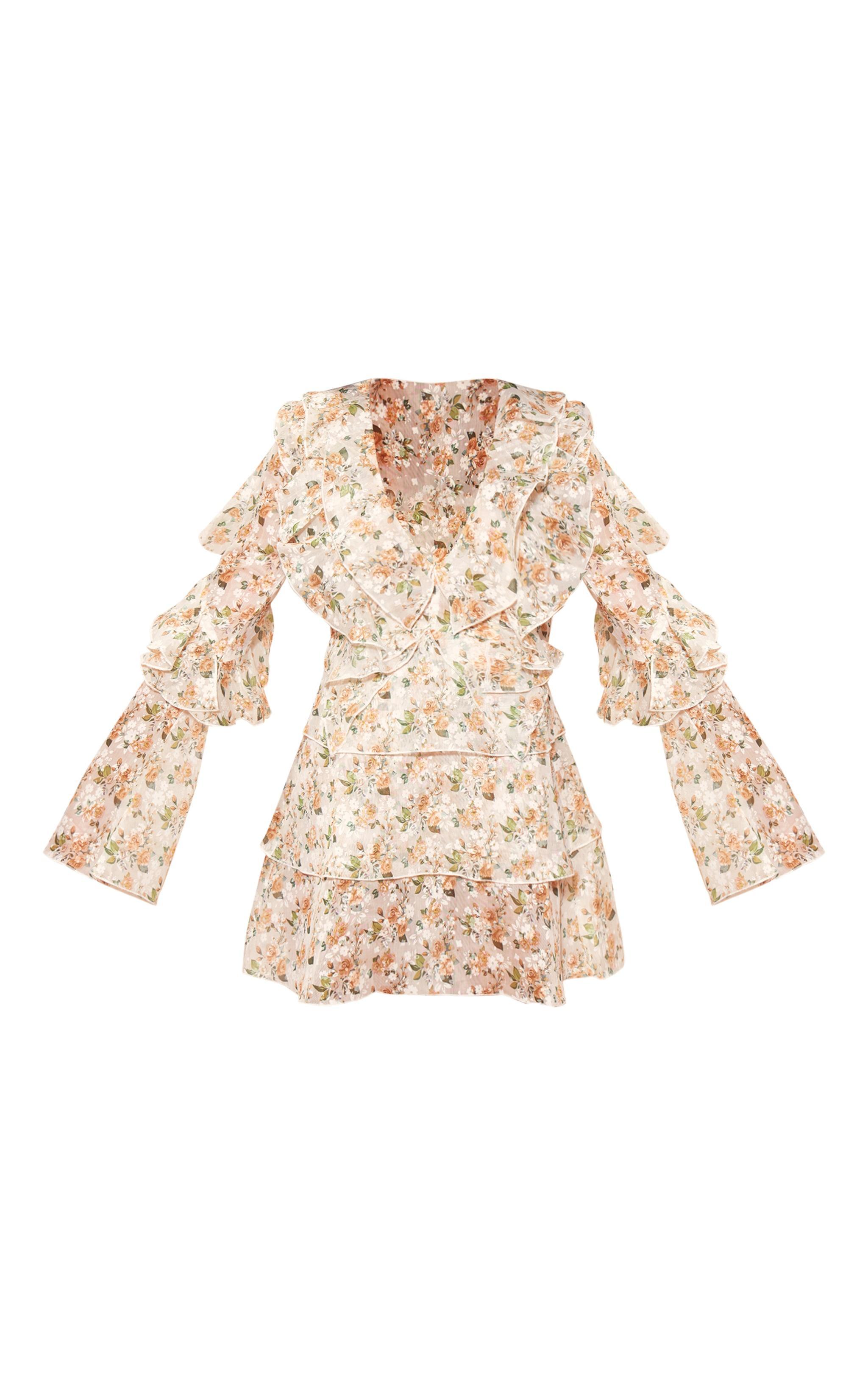 Cream Floral Chiffon Long Sleeve Frill Mini Dress Product Image