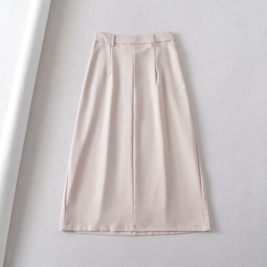 High Waist Plain Midi A-Line Pleated Suit Skirt Product Image