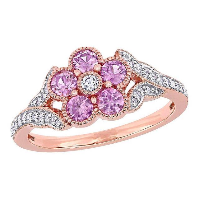 Stella Grace 10K Rose Gold Pink Sapphire & 1/6 Carat T.W. Diamond Flower Ring, Womens Product Image