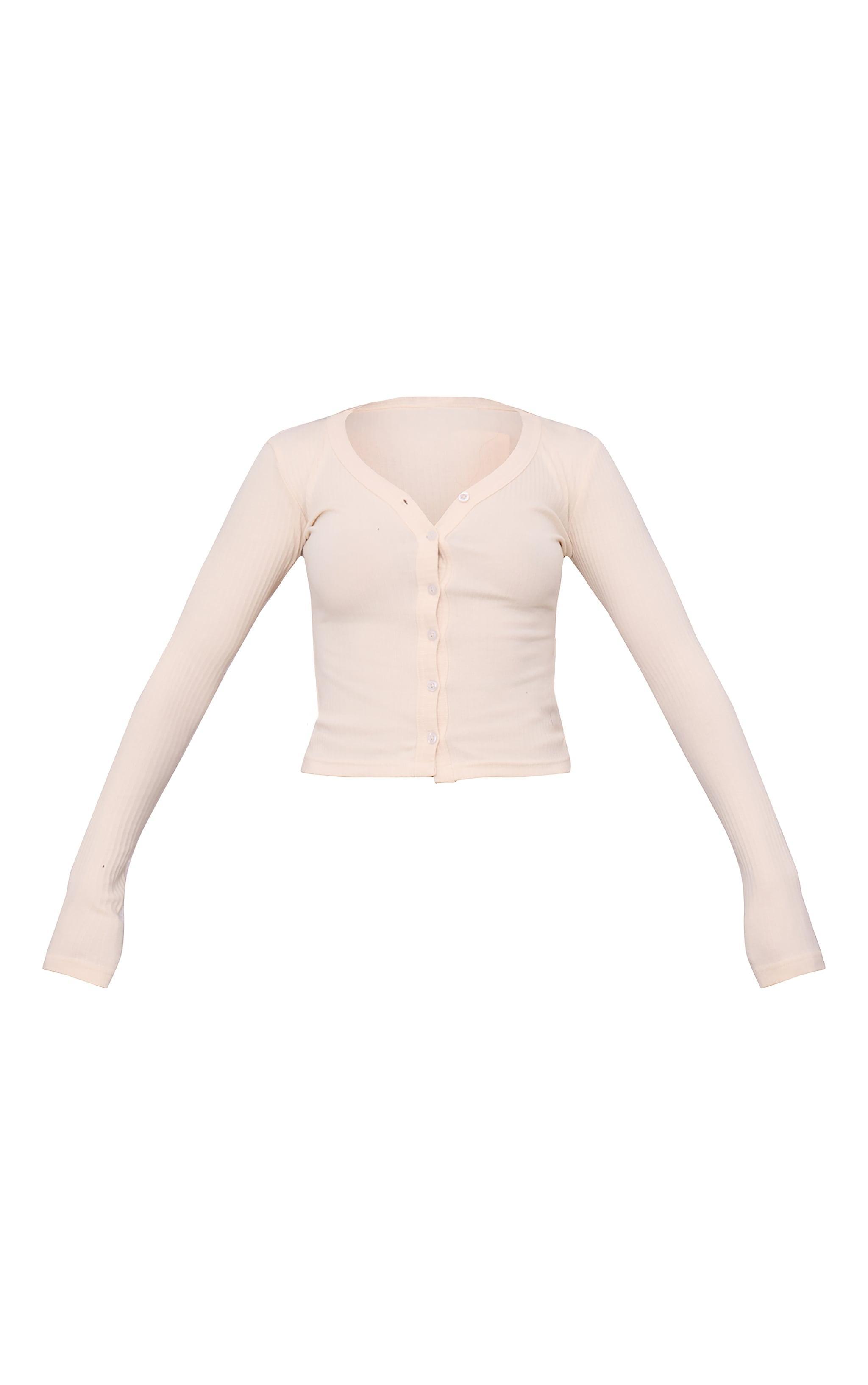 Cream Ribbed Button Down V Neck Long Sleeve Top Product Image