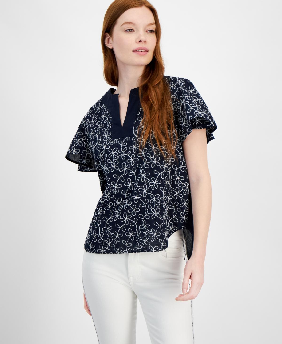 Women's Embroidered Cotton Flutter-Sleeve Top product image