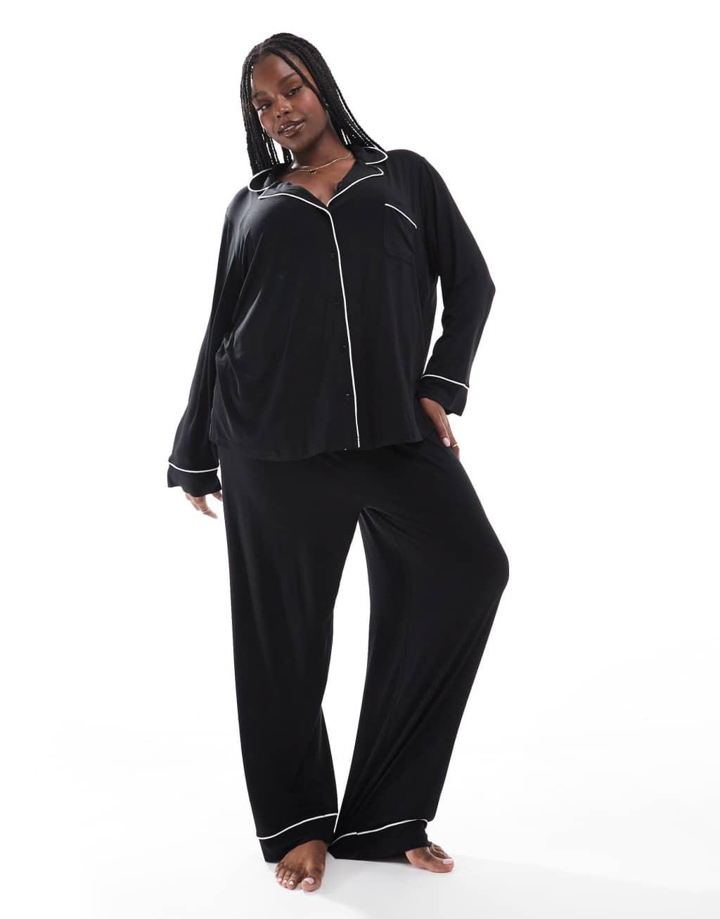 ASOS DESIGN Curve super soft long sleeve shirt & pants pajama set with contrast piping in black Product Image