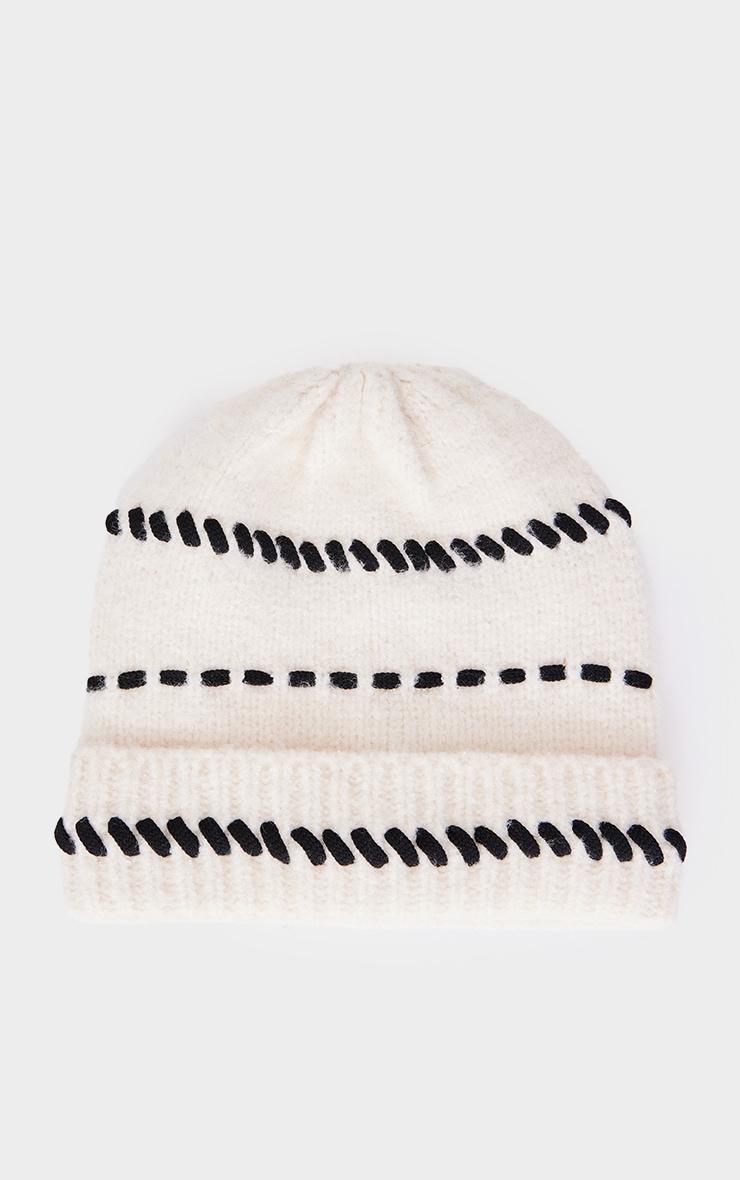 Cream Contrast Stitch Knit Beanie Product Image