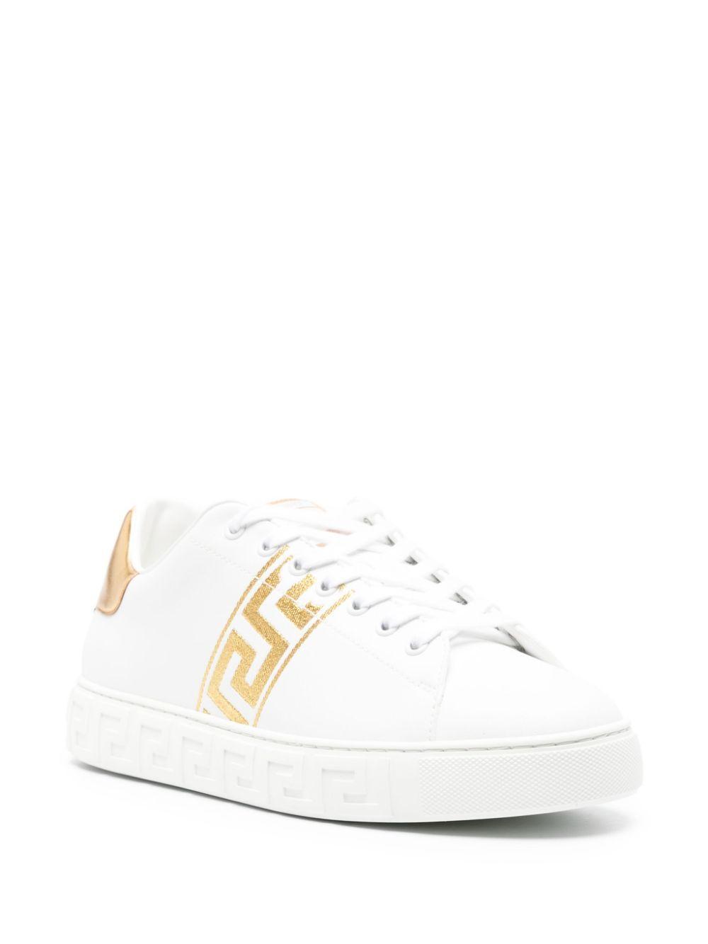 VERSACE Greca Embroidered Sneakers In Gold Product Image