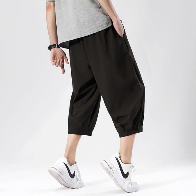 Elastic Waist Plain Cropped Wide Leg Harem Pants Product Image