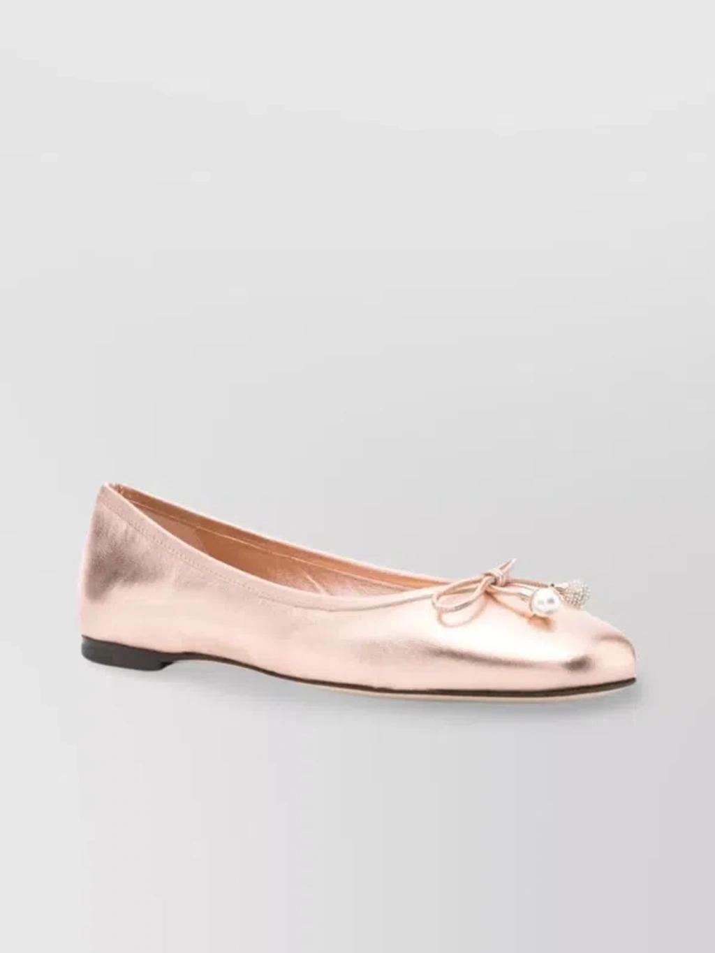 JIMMY CHOO Powder Pink Metallic Leather Ballet Flats With Bow Detailing And Square Toe In Multicolor Product Image