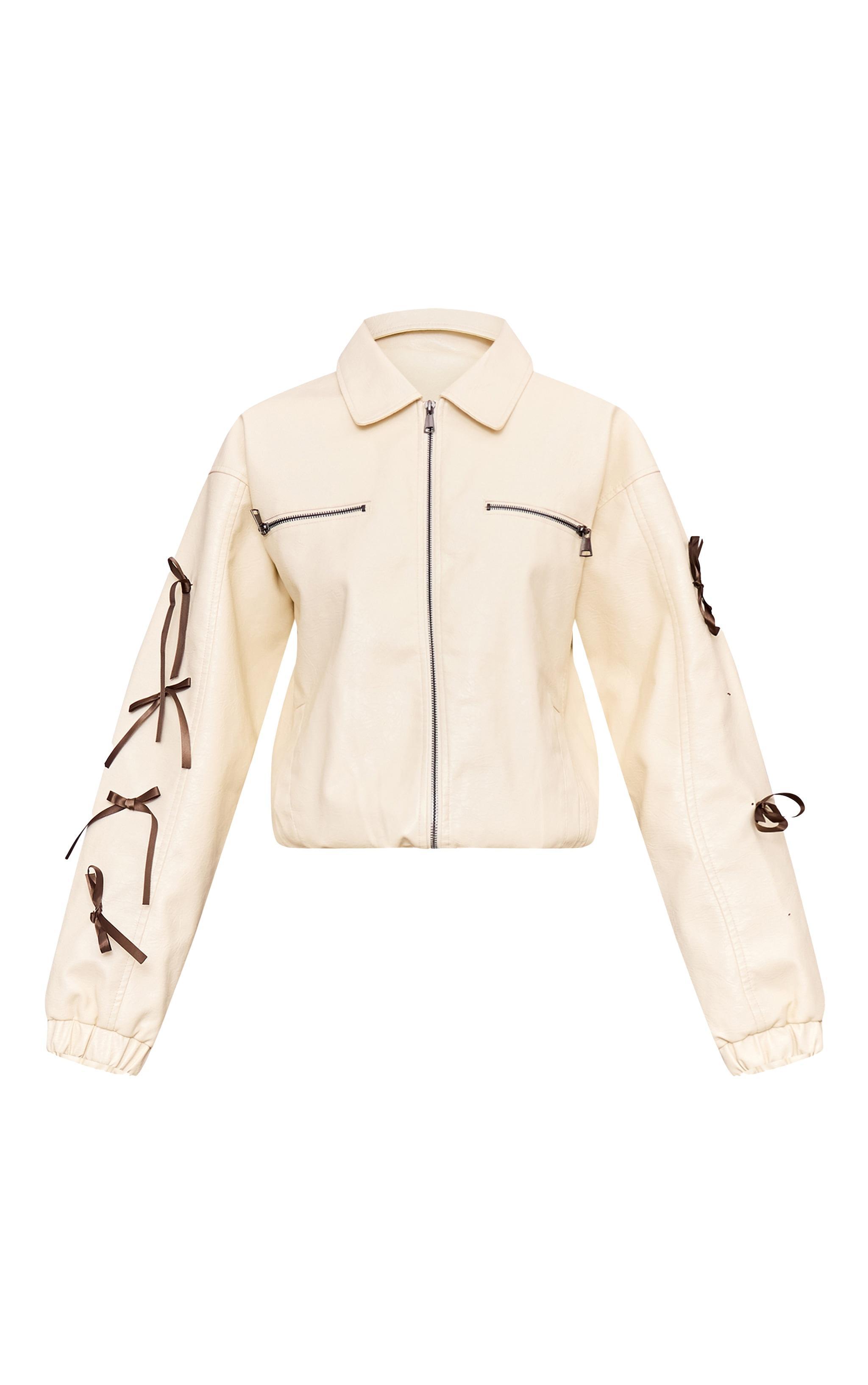 Cream Faux Leather Bow Sleeve Detail Oversized Jacket Product Image