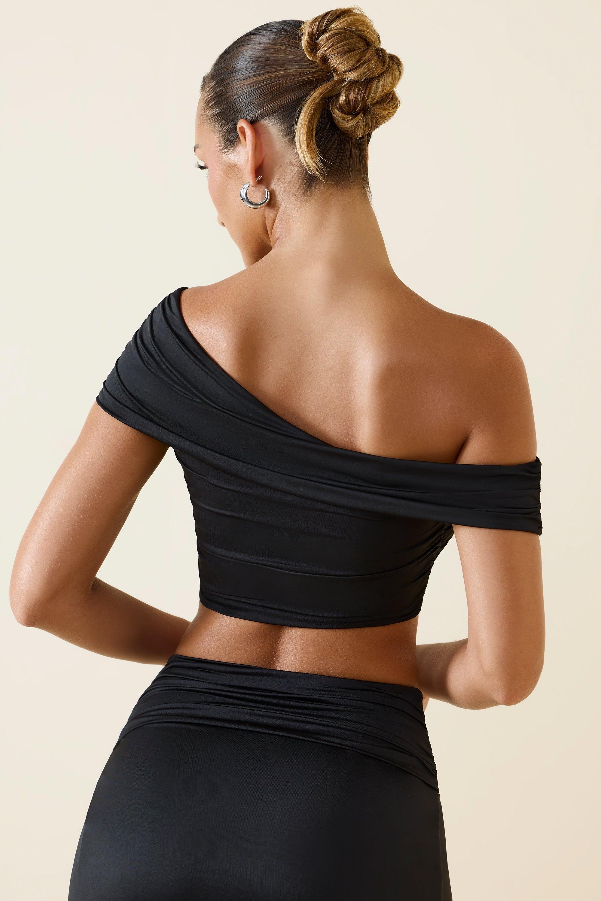 Asymmetric Ruched Off-Shoulder Crop Top in Black Product Image