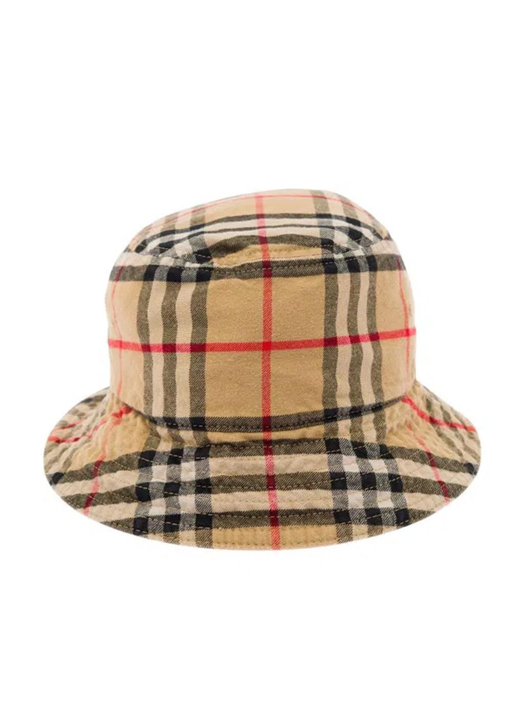 Beige Bucket Hat With Check Motif In Cotton Man Product Image