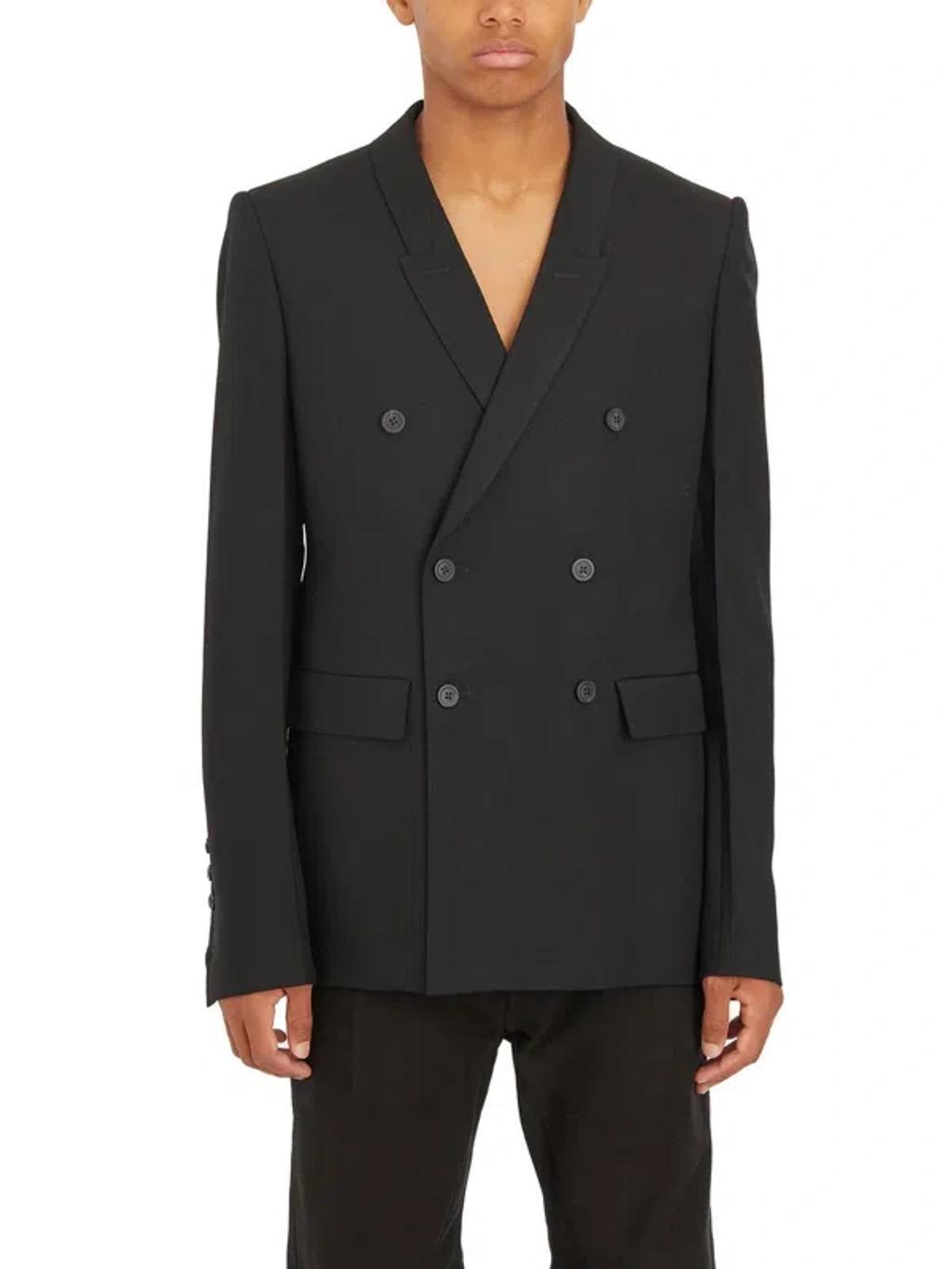 Double-breasted Grain De Poudre Wool Blazer In Black Product Image