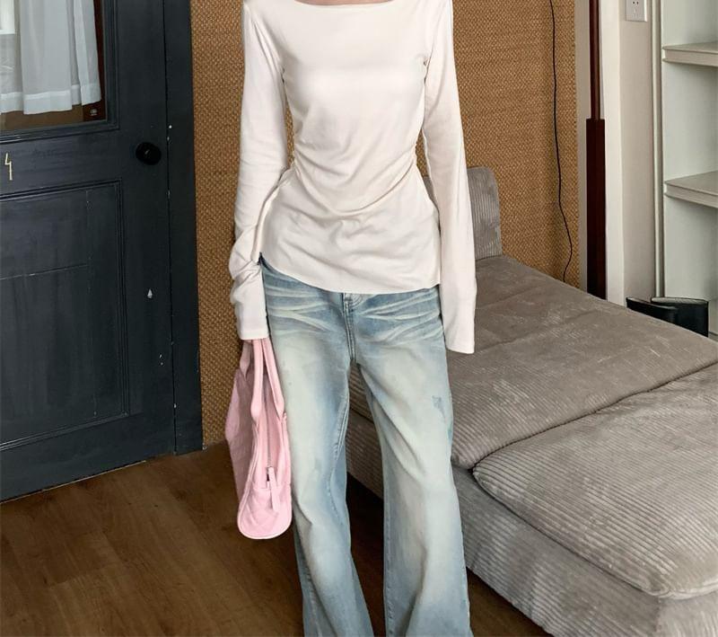 Long-Sleeve Boat Neck Plain Lace Panel Bow Back Slim Fit Tee Product Image