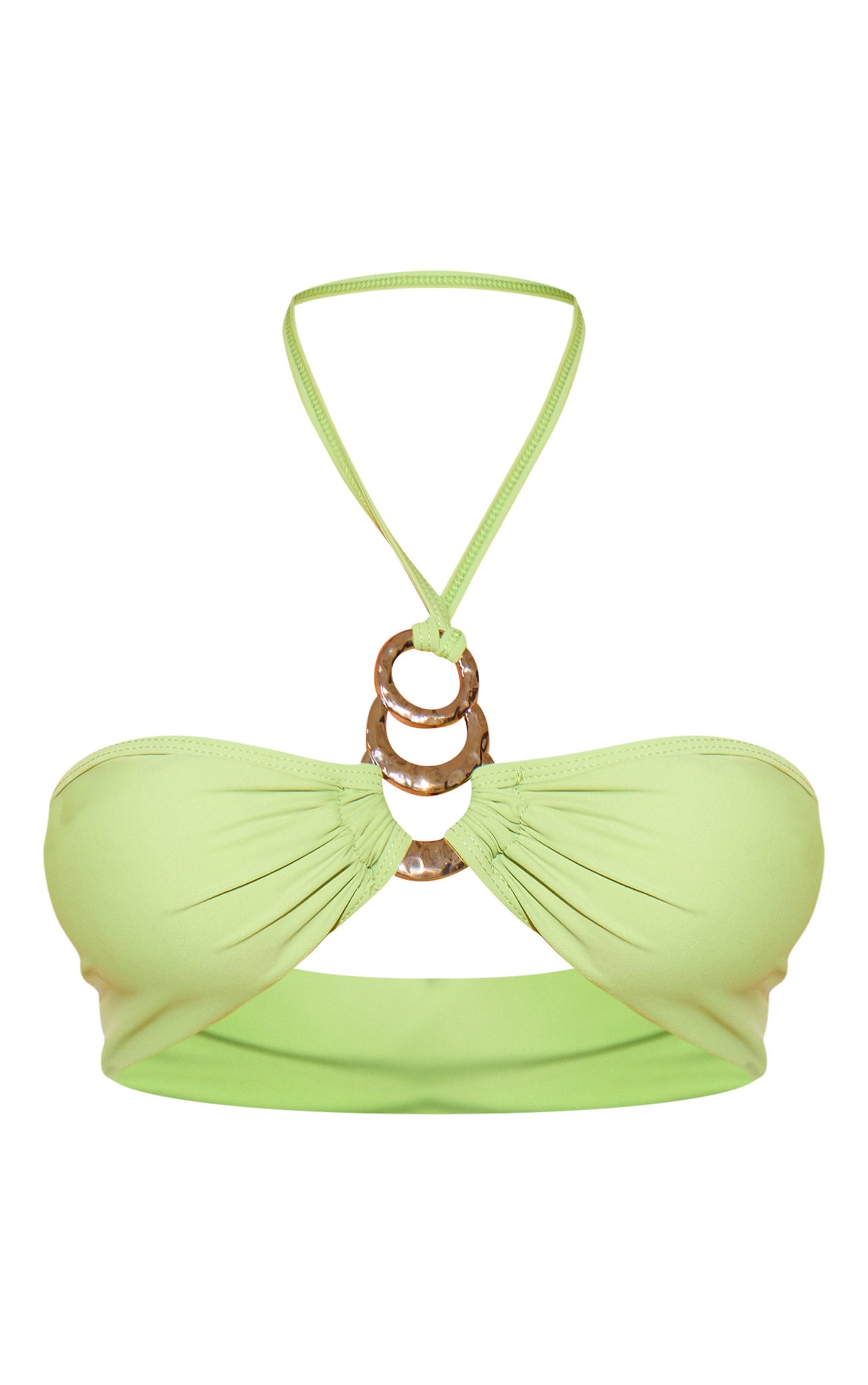 Green Gold Trim Halter Neck Bikini Top Product Image