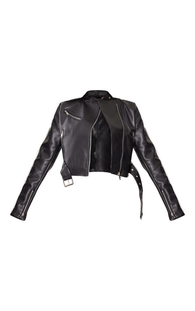 Black Faux Leather Contrast Panel Cropped Biker Jacket Product Image