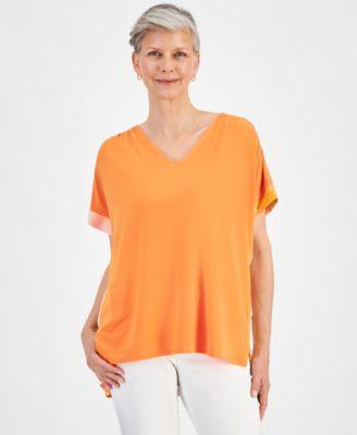 Jm Collection Womens Mixed-Media Short Sleeve Top, Created for Macys Product Image