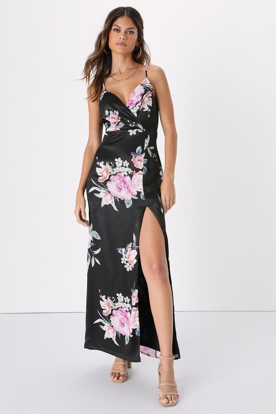 Sensational Blossoms Black Floral Satin Lace Backless Maxi Dress Product Image