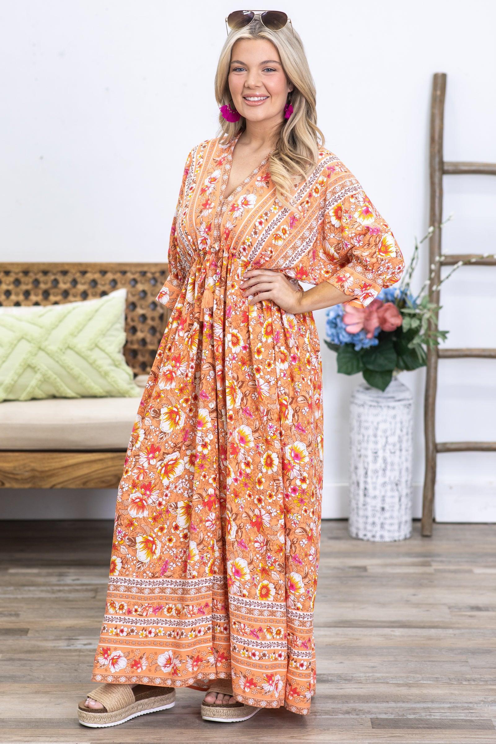 Orange Floral Boho Maxi Dress Product Image