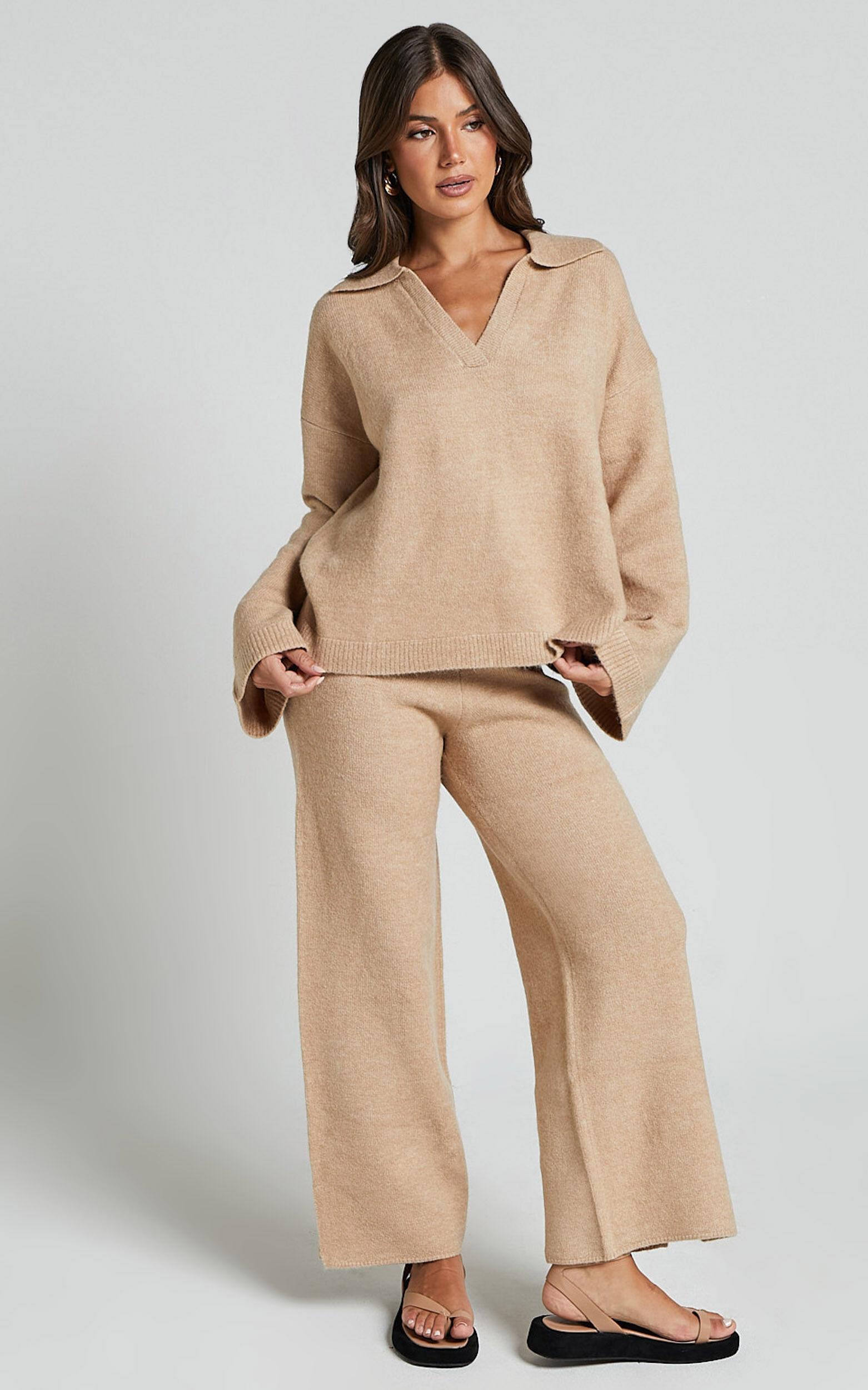 Livia Jumper - Knitted V Neck Collared Jumper in Beige Marl Product Image