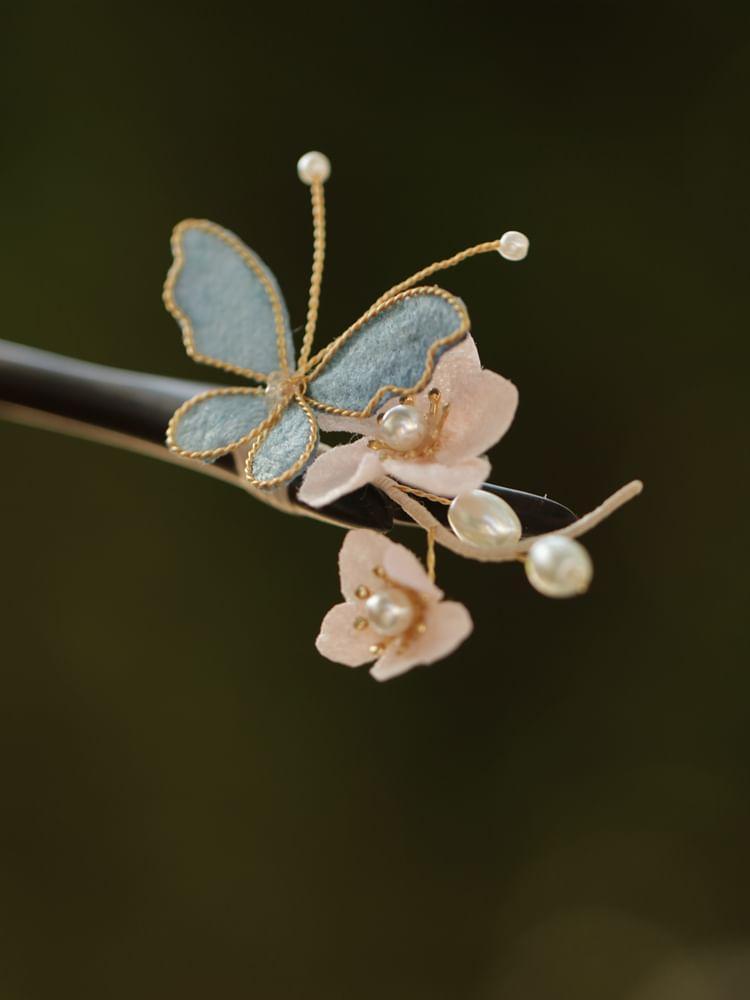 Butterfly Fabric Faux Pearl Wooden Hair Stick Product Image