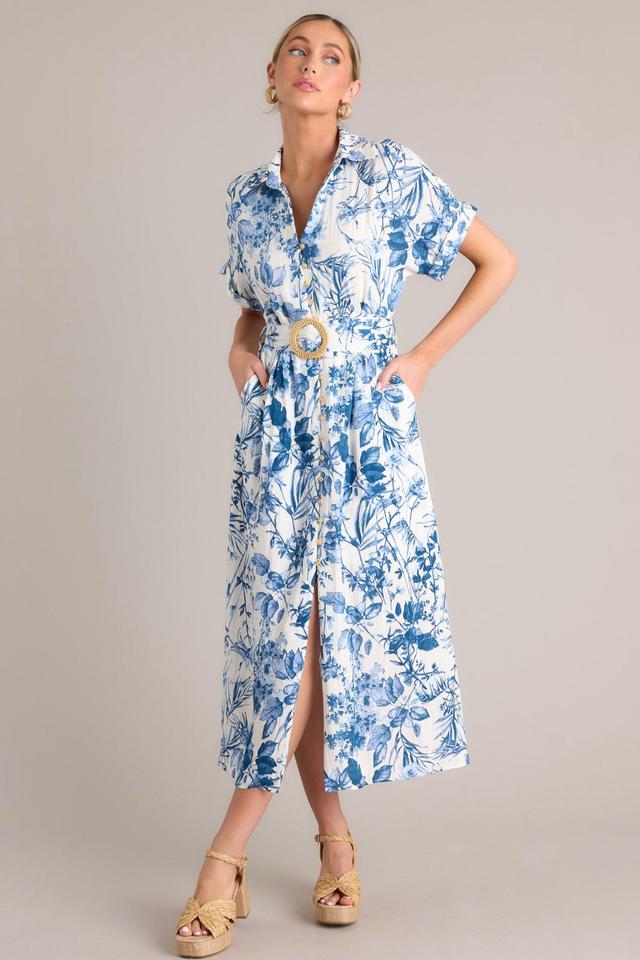 Springtime Splendor White & Blue Floral Belted Midi Dress Product Image