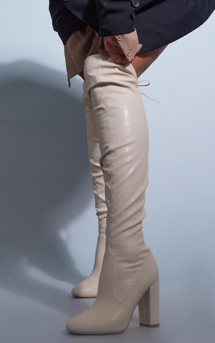 Cream Faux Leather Round Toe Block Heel Over The Knee Boots product image