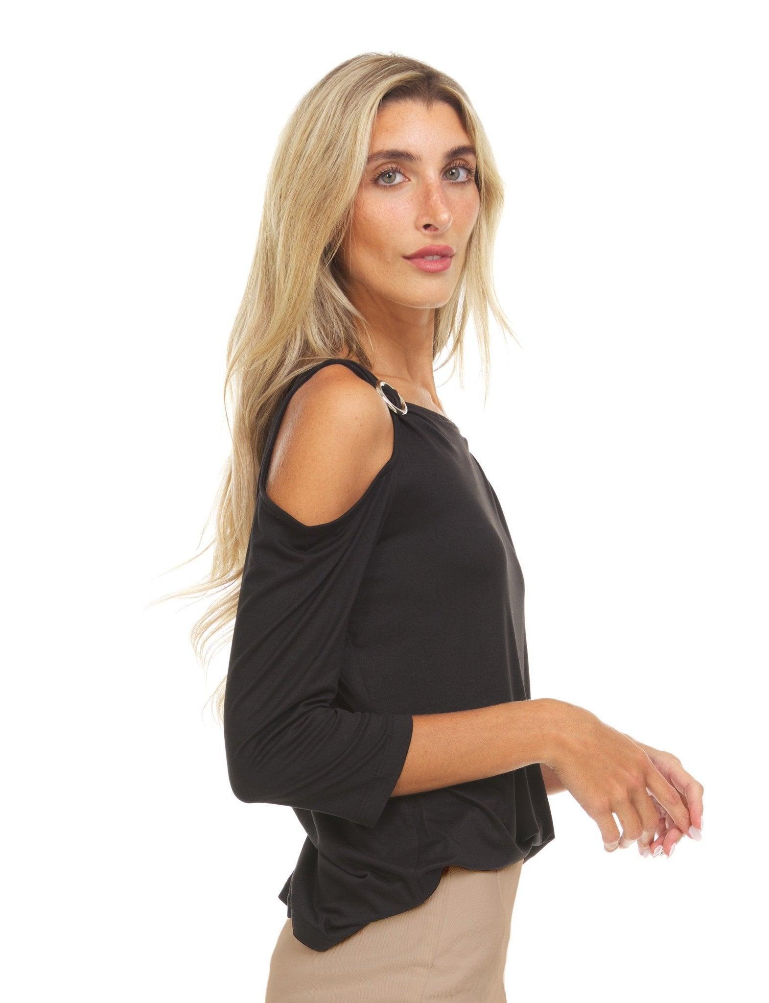 Black Three Quarter Sleeve Cold Shoulder Top With Shoulder Strap Grommet Product Image