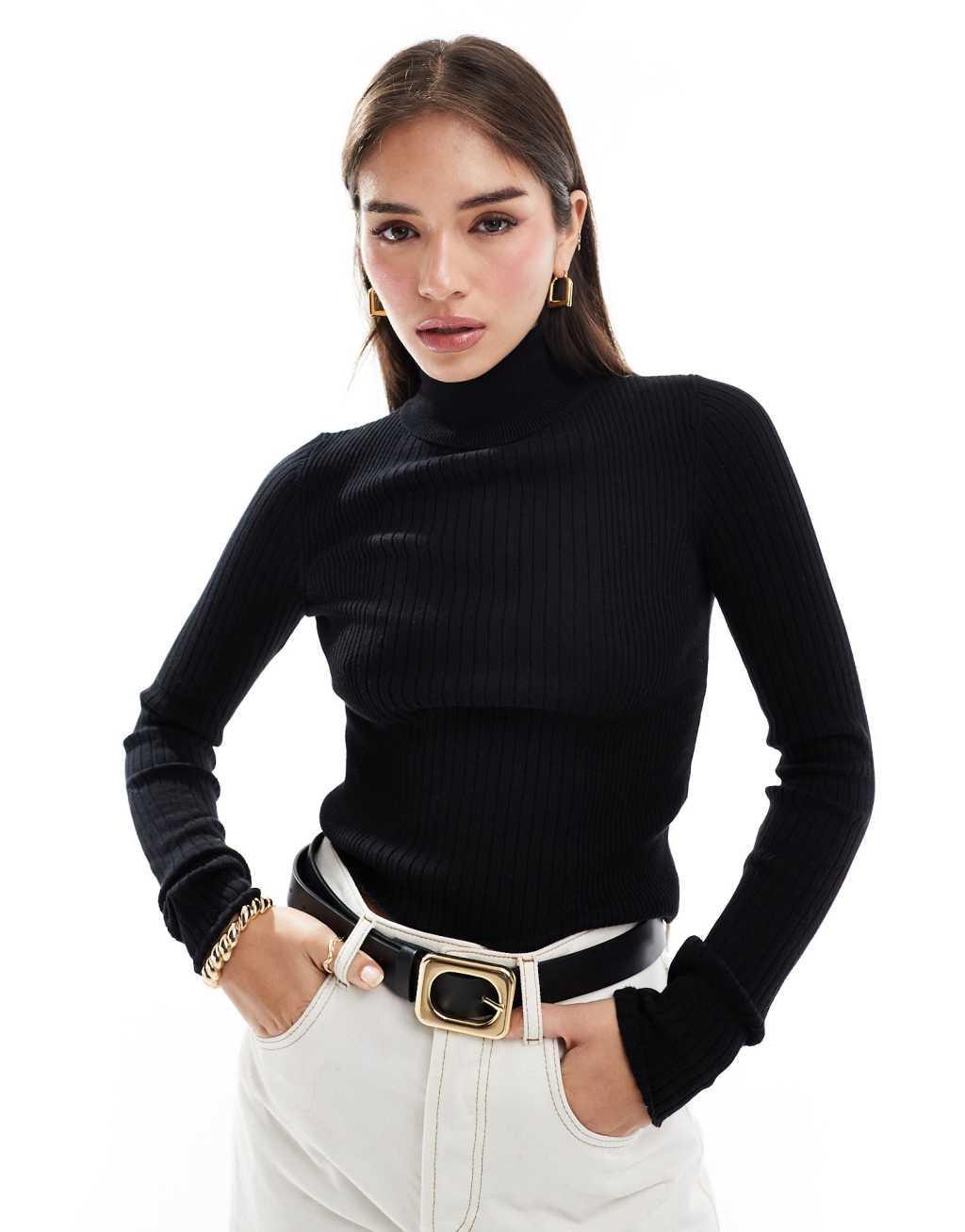 ASOS DESIGN knitted roll neck top in engineered rib in black Product Image