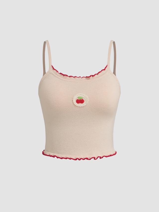 Knit Scoop Neckline Cherry Embroidery Contrasting Binding Crop Cami Top Product Image