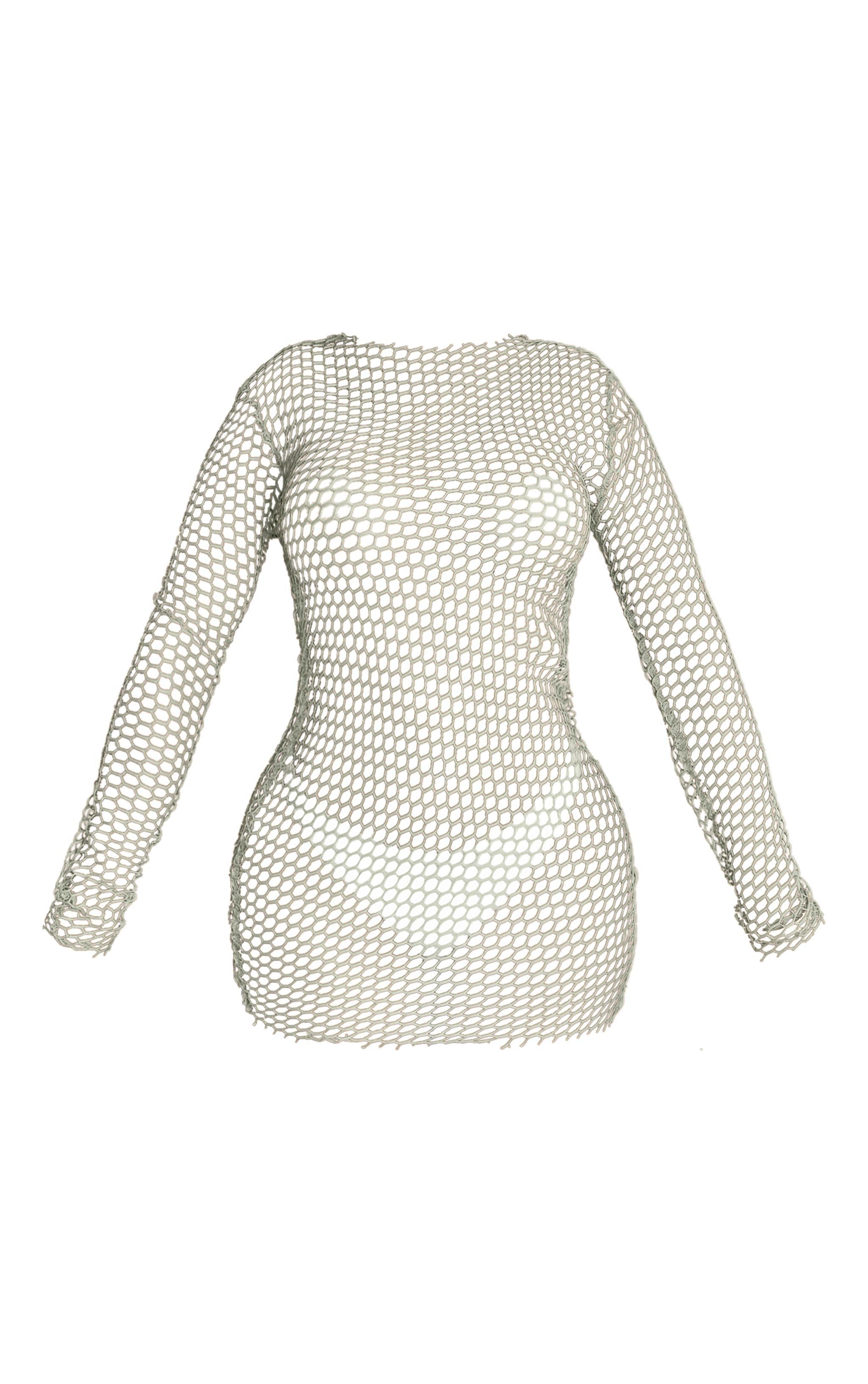 Shape Sage Green Sheer Fishnet Long Sleeve Bodycon Dress Product Image