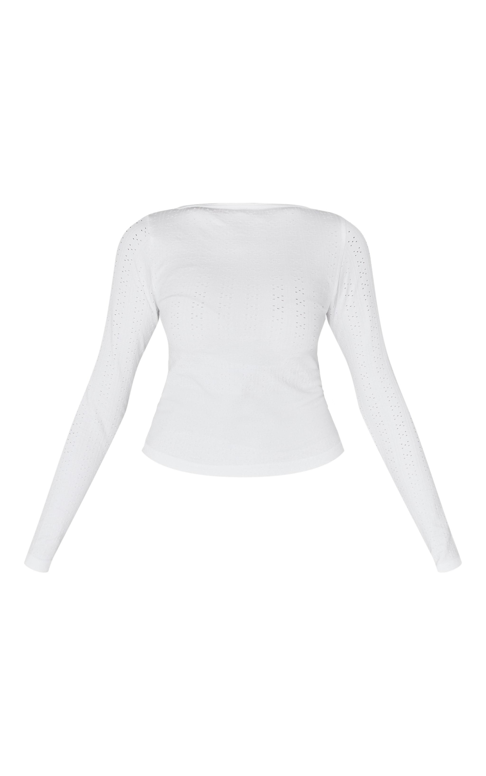 White Contour Pointelle Detail Boatneck Long Sleeve Top Product Image