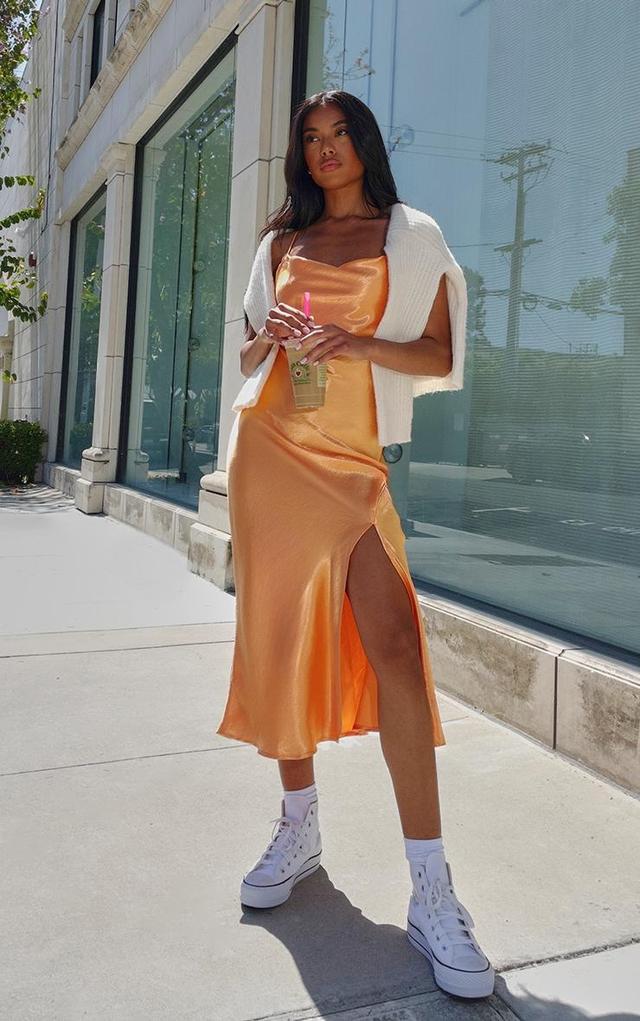 Orange Satin Maxi Split Dress Product Image