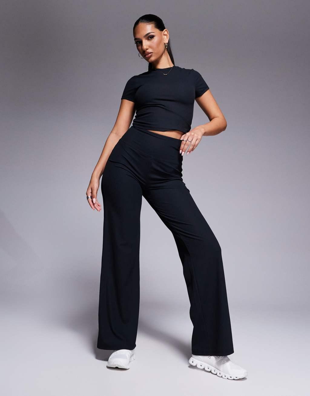 ASOS 4505 soft touch rib wide leg dance pant in black Product Image