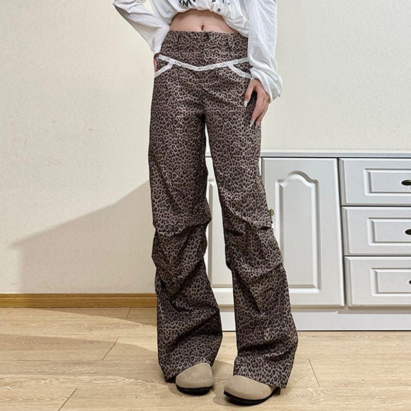 High Rise Leopard Wide Leg Pants Product Image