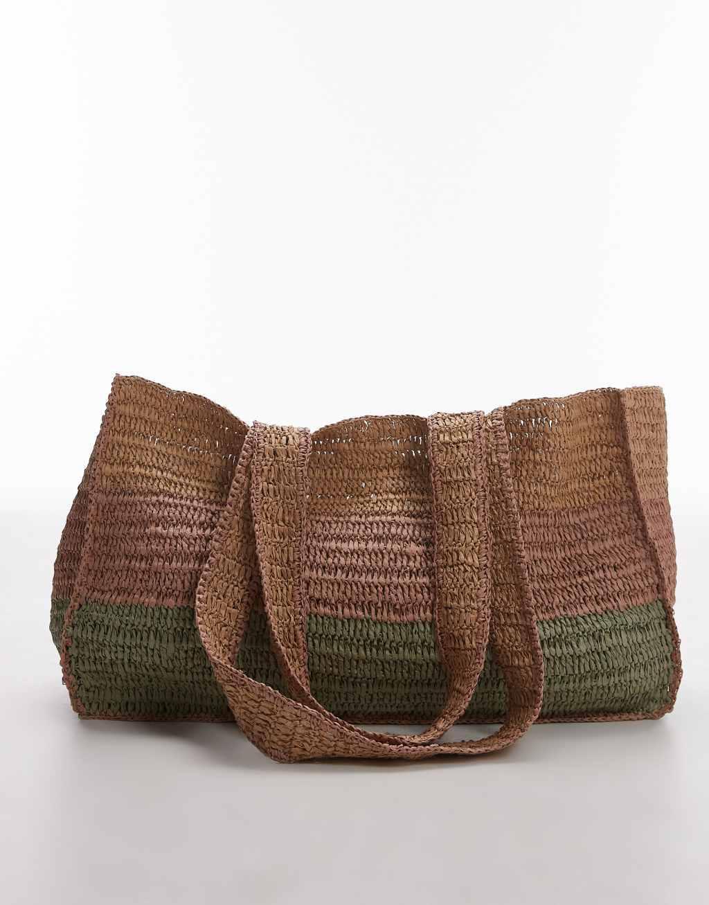 Topshop Tatum straw tote bag in khaki stripe Product Image