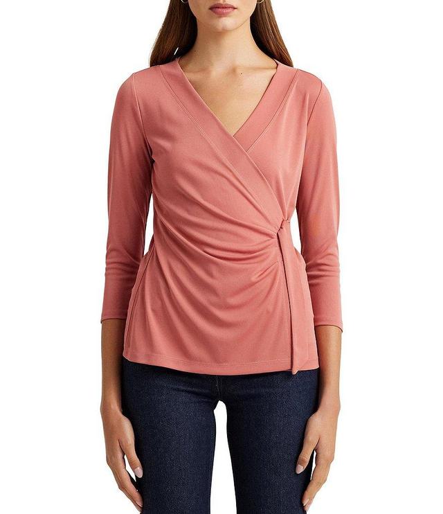 Lauren Ralph Lauren Petite Size Stretch Jersey Surplice V-Neck 3/4 Sleeve Front Wrap Top Product Image