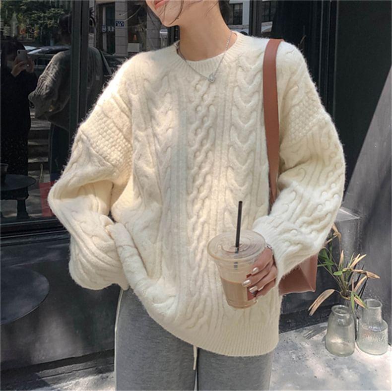 Round Neck Plain Cable-Knit Sweater Product Image