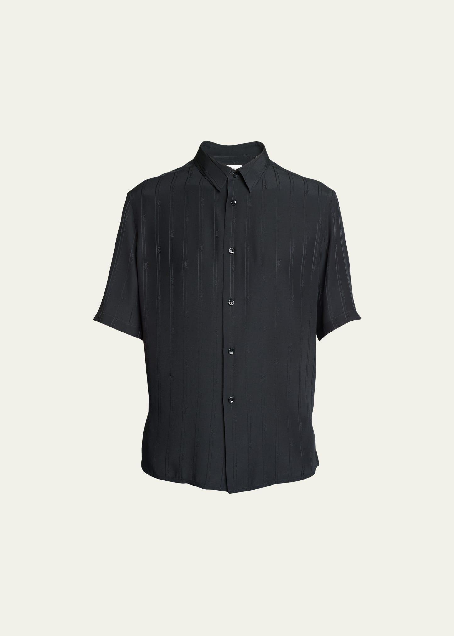 Saint Laurent Tonal Stripe Short Sleeve Silk Button-Up Shirt Product Image