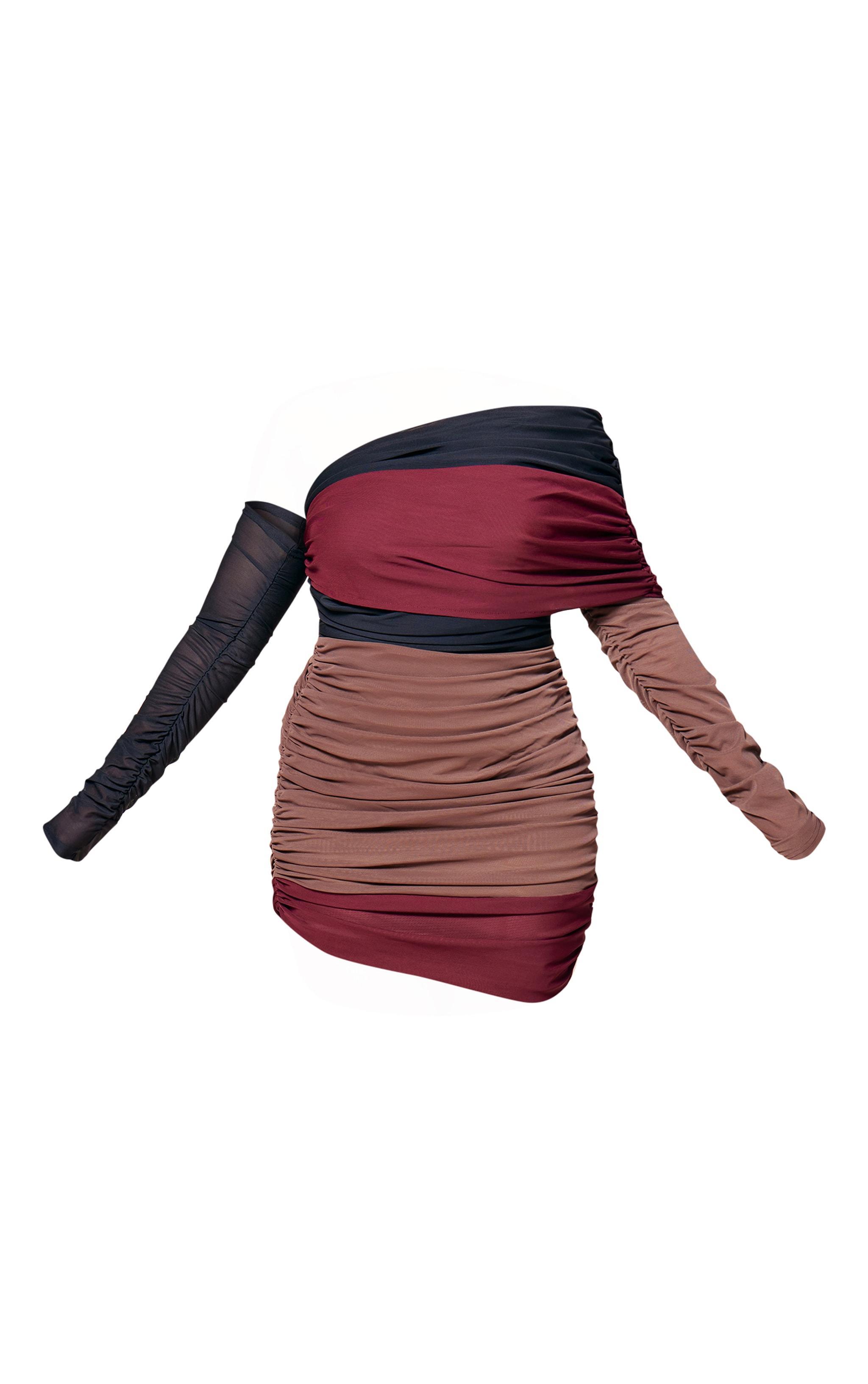 PLT Label Plus Burgundy Bandage Mesh Panel Ruched Asymmetrical Bodycon Dress Product Image