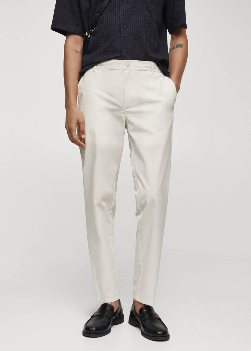 MANGO MAN - Cotton seersucker pants with drawstring off whiteMen Product Image