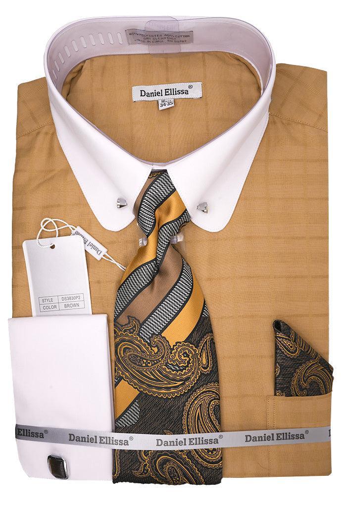 Brown Tone-on-tone Check Dress Shirt Set with Tie and Handkerchief Product Image